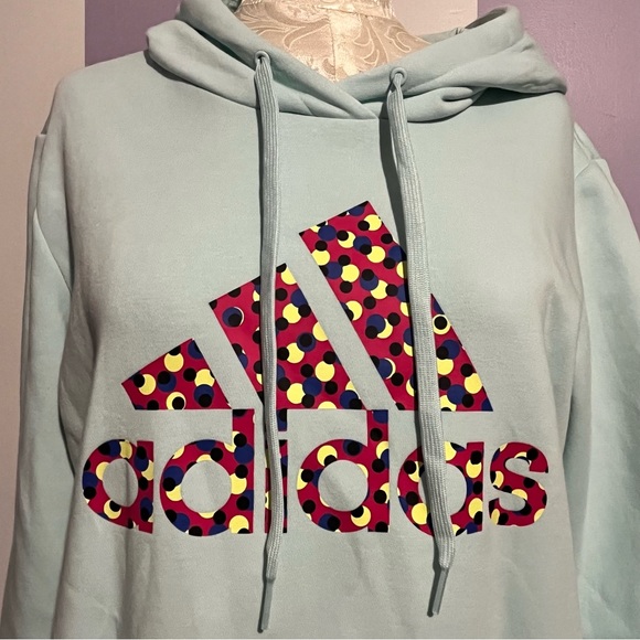 Adidas Baby Blue Mint Sweatshirt Pullover Polka Dot Hoodie Women’s Sz Large - Picture 7 of 10